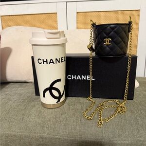 NEW IN BOX Chanel GWP Coffee cup and leather strap Black Crossbody gold hardware